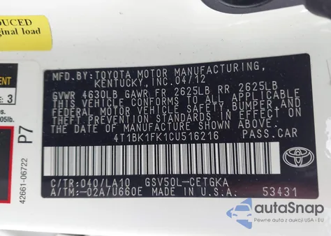 2012 Toyota Camry Xle V6 z USA, uszkodzony, nr VIN 4T1BK1FK1CU516216
